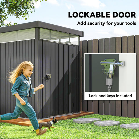 Black galvanised steel garden shed with lockable wide door padlock and roof windows for outdoor tool storage