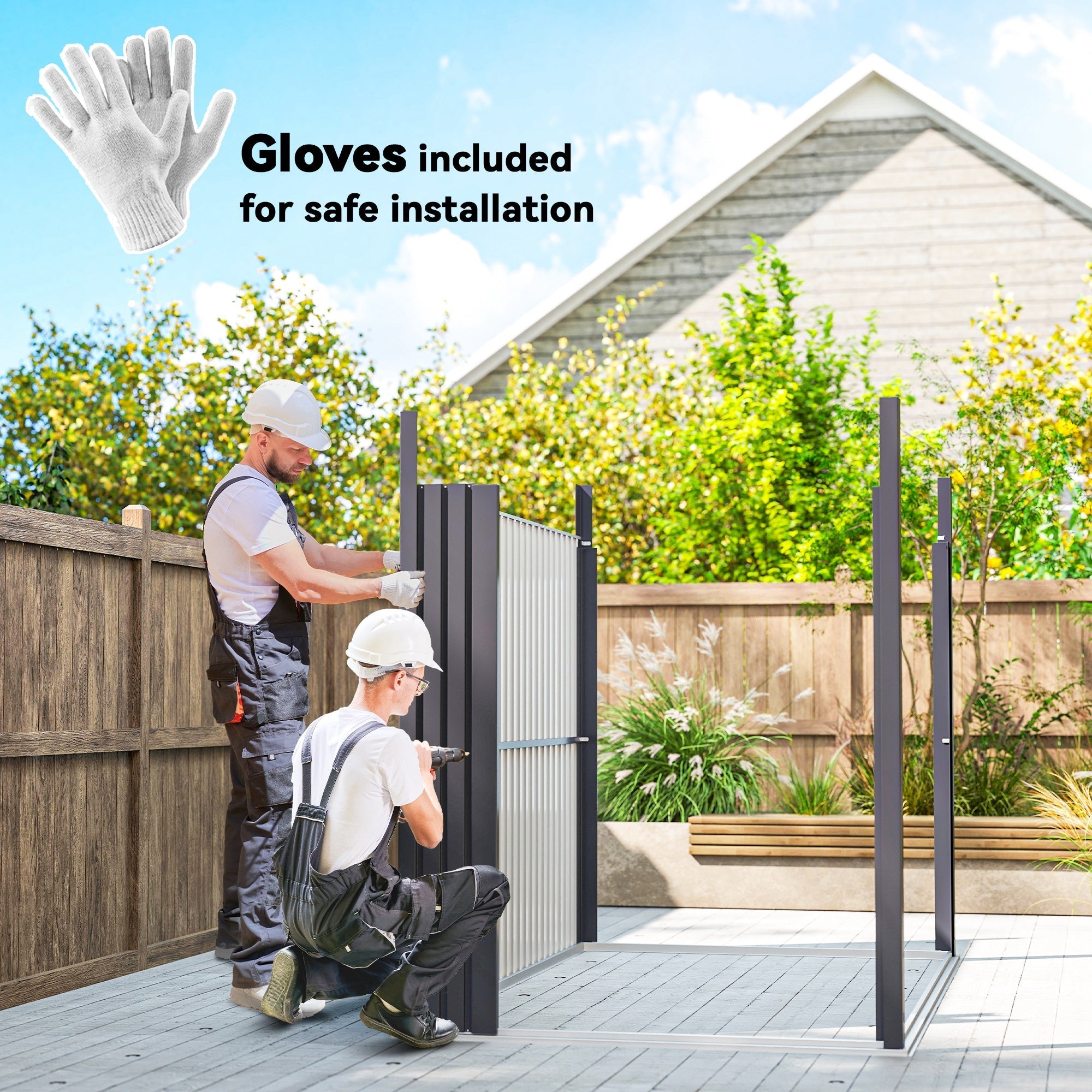 Black metal garden gate with vertical slats outside outsunny galvanised steel garden shed with roof windows