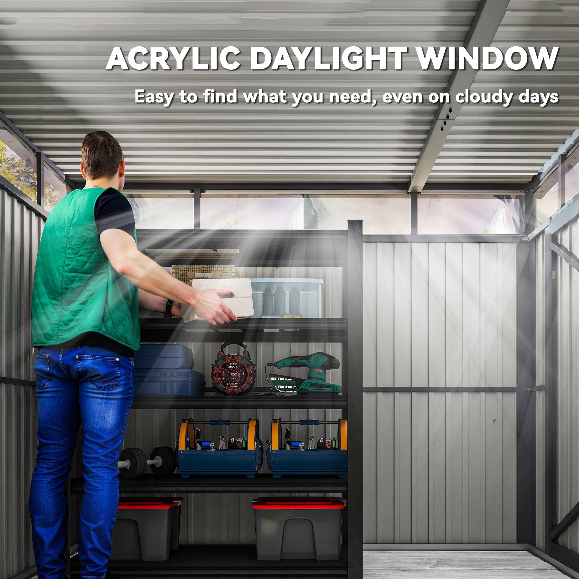 Clear acrylic daylight window on galvanised steel garden shed with roof windows for bright outdoor tool storage