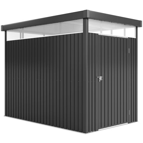 Black galvanised steel garden shed with vertical siding roof windows and lockable wide door for outdoor storage