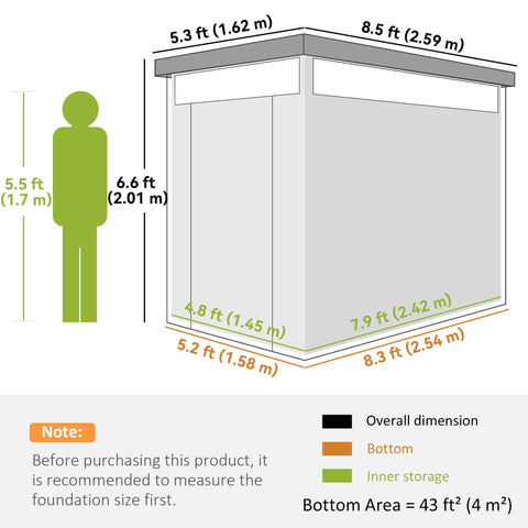 Gray outsunny galvanised steel garden shed with roof windows and labeled dimensions for outdoor tool storage