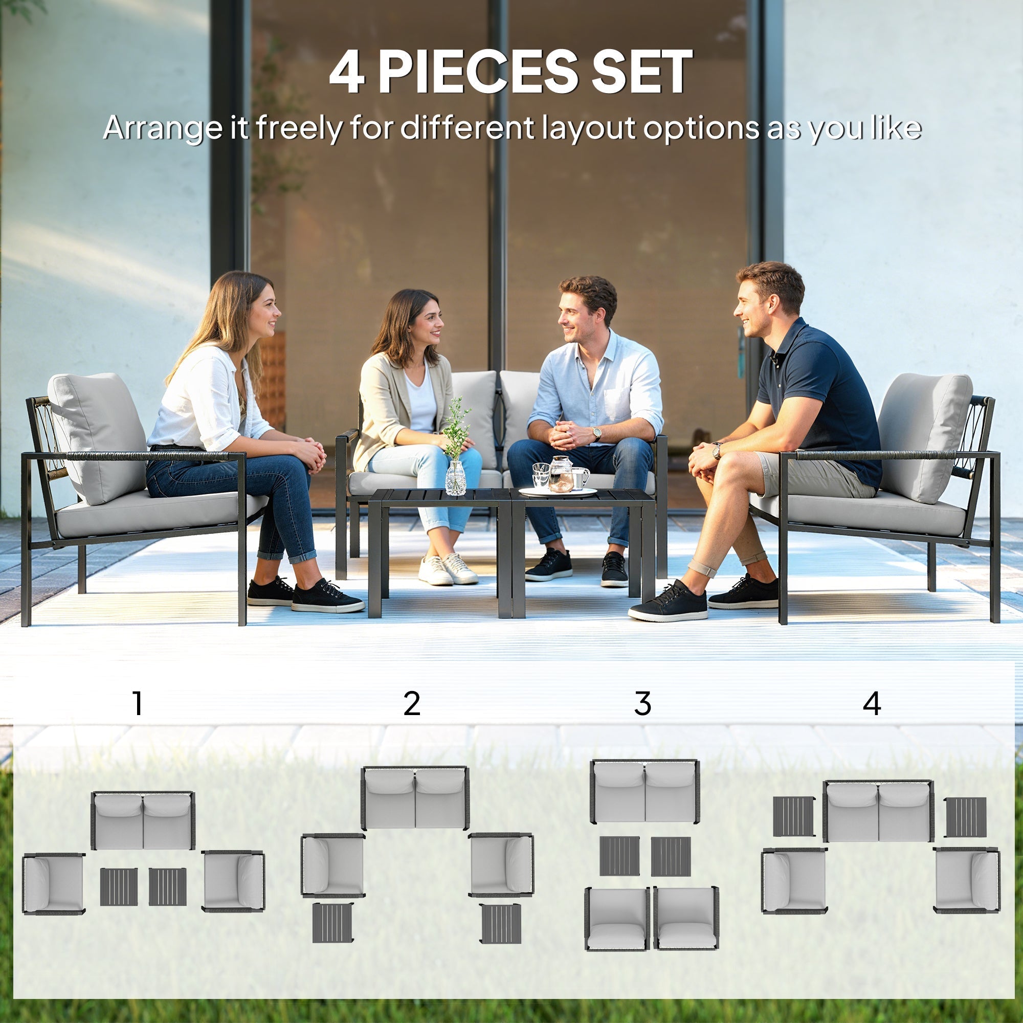 Outsunny 5 piece garden furniture set with gray cushioned sofa, black metal frame, woven texture, and coffee table