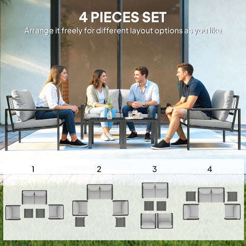 Outsunny 5 piece garden furniture set with gray cushioned sofa, black metal frame, woven texture, and coffee table