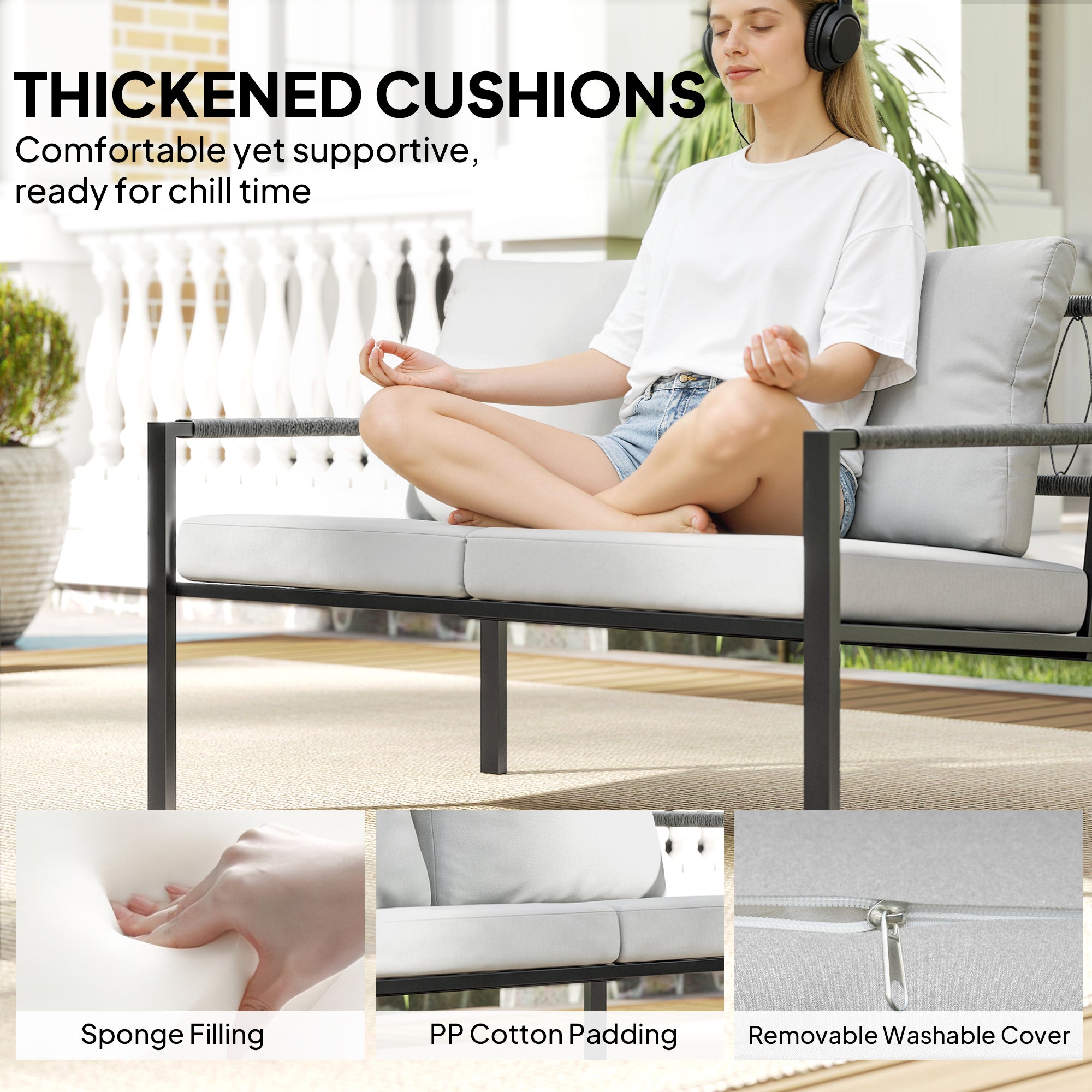 White cushioned outdoor sofa with black metal frame and thickened cushions in outsunny garden furniture set with coffee table