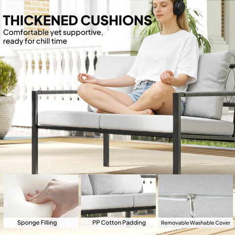 White cushioned outdoor sofa with black metal frame and thickened cushions in outsunny garden furniture set with coffee table