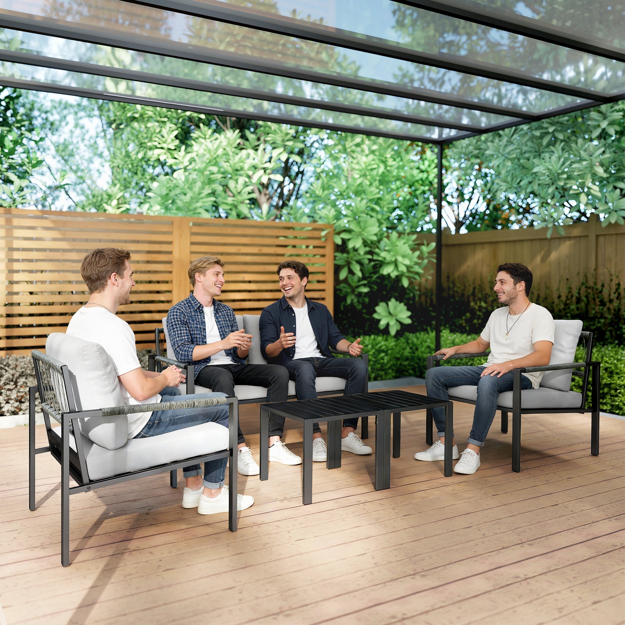 Outsunny 5 piece metal garden furniture set with black frame, light gray cushions, loveseat, armchairs, and matching coffee tables