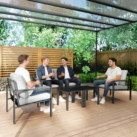 Outsunny 5 piece metal garden furniture set with black frame, light gray cushions, loveseat, armchairs, and matching coffee tables