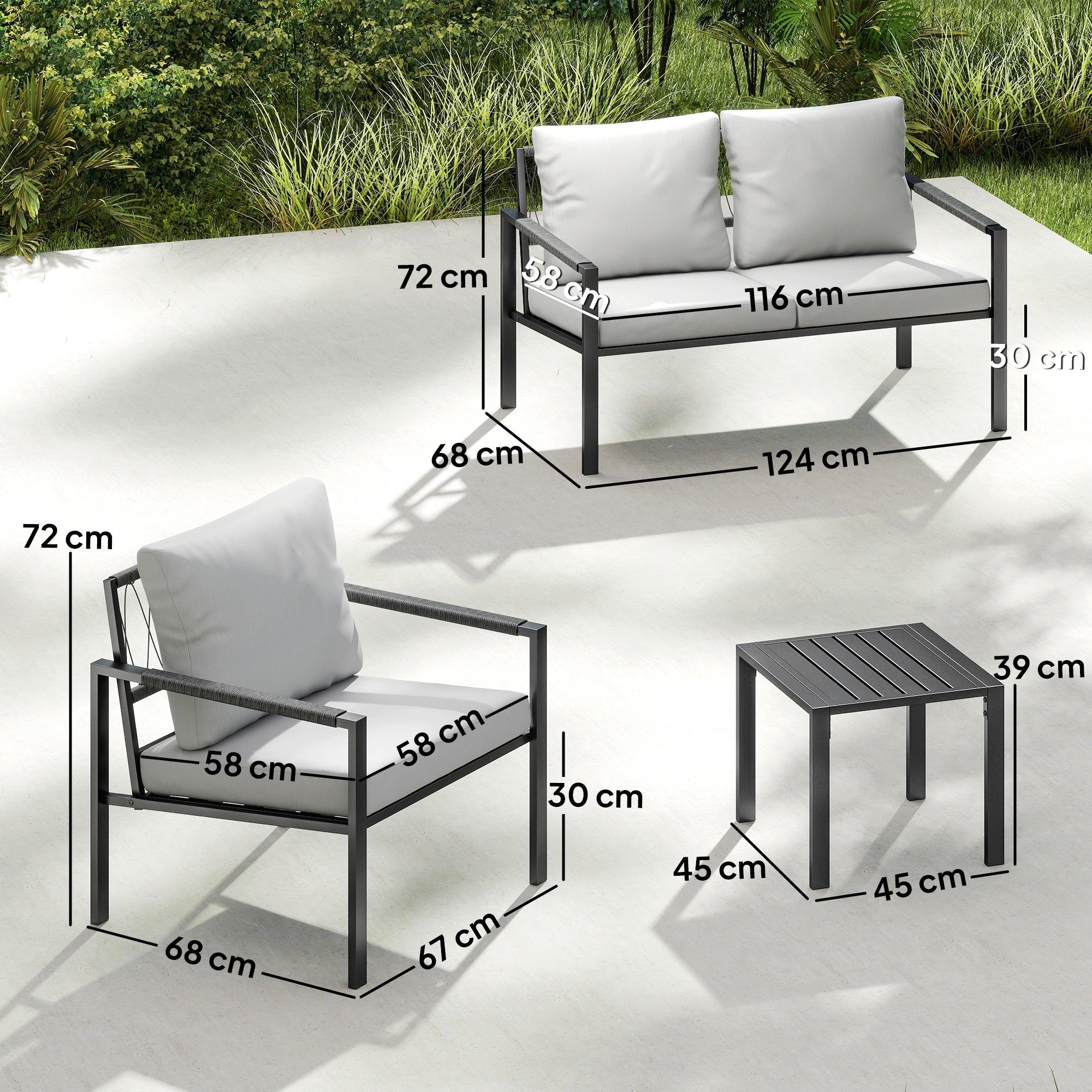Outsunny 5 piece garden furniture set with black metal frame light grey cushions loveseat armchairs and coffee tables