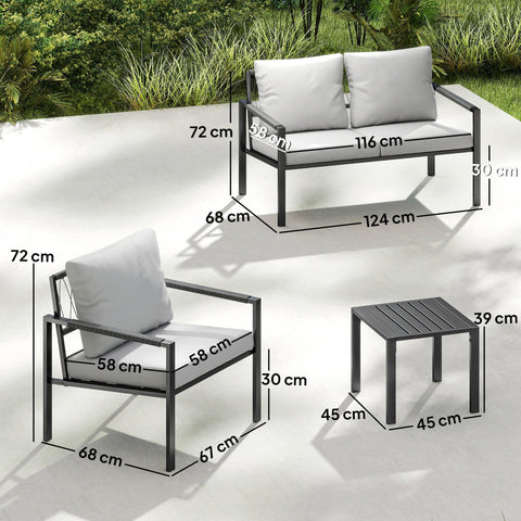 Outsunny 5 piece garden furniture set with black metal frame light grey cushions loveseat armchairs and coffee tables