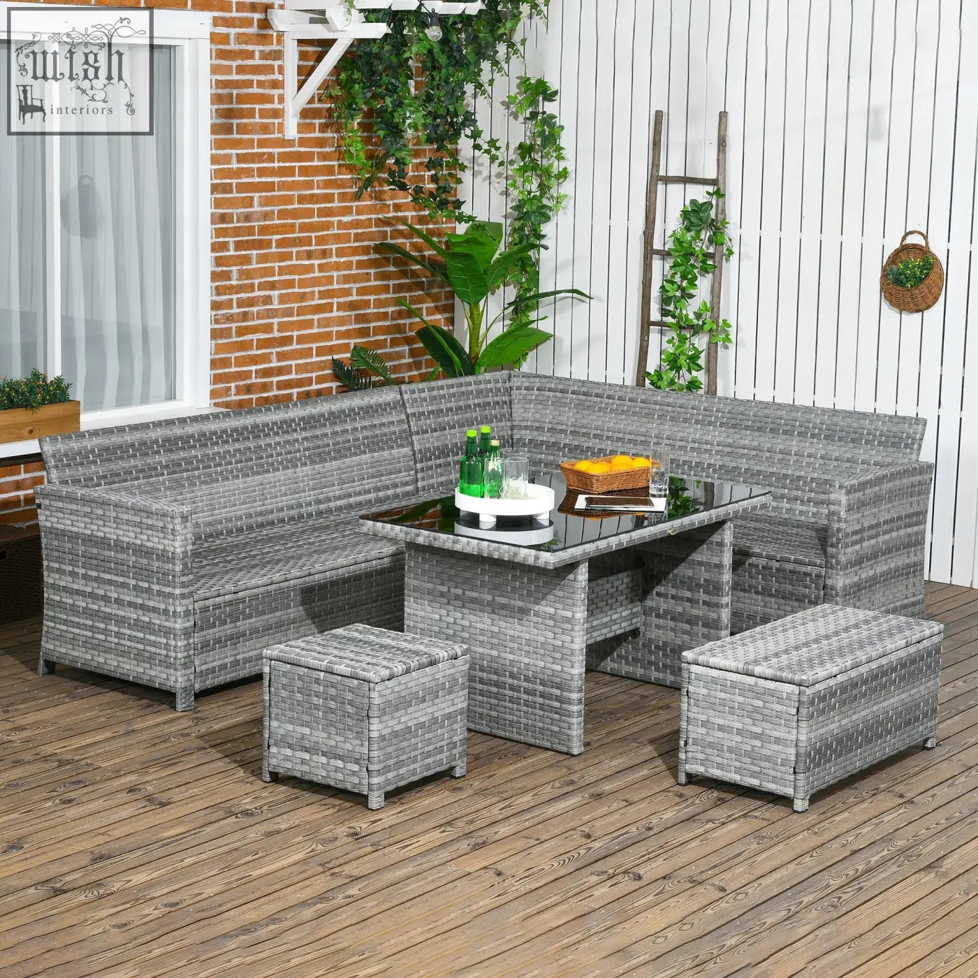 Outsunny 5-piece gray woven wicker rattan patio furniture set with two three-seater sofas glass coffee table and powder coated steel frame