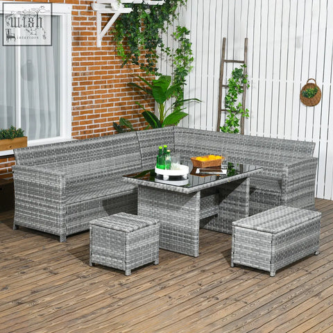 Outsunny 5-piece gray woven wicker rattan patio furniture set with two three-seater sofas glass coffee table and powder coated steel frame