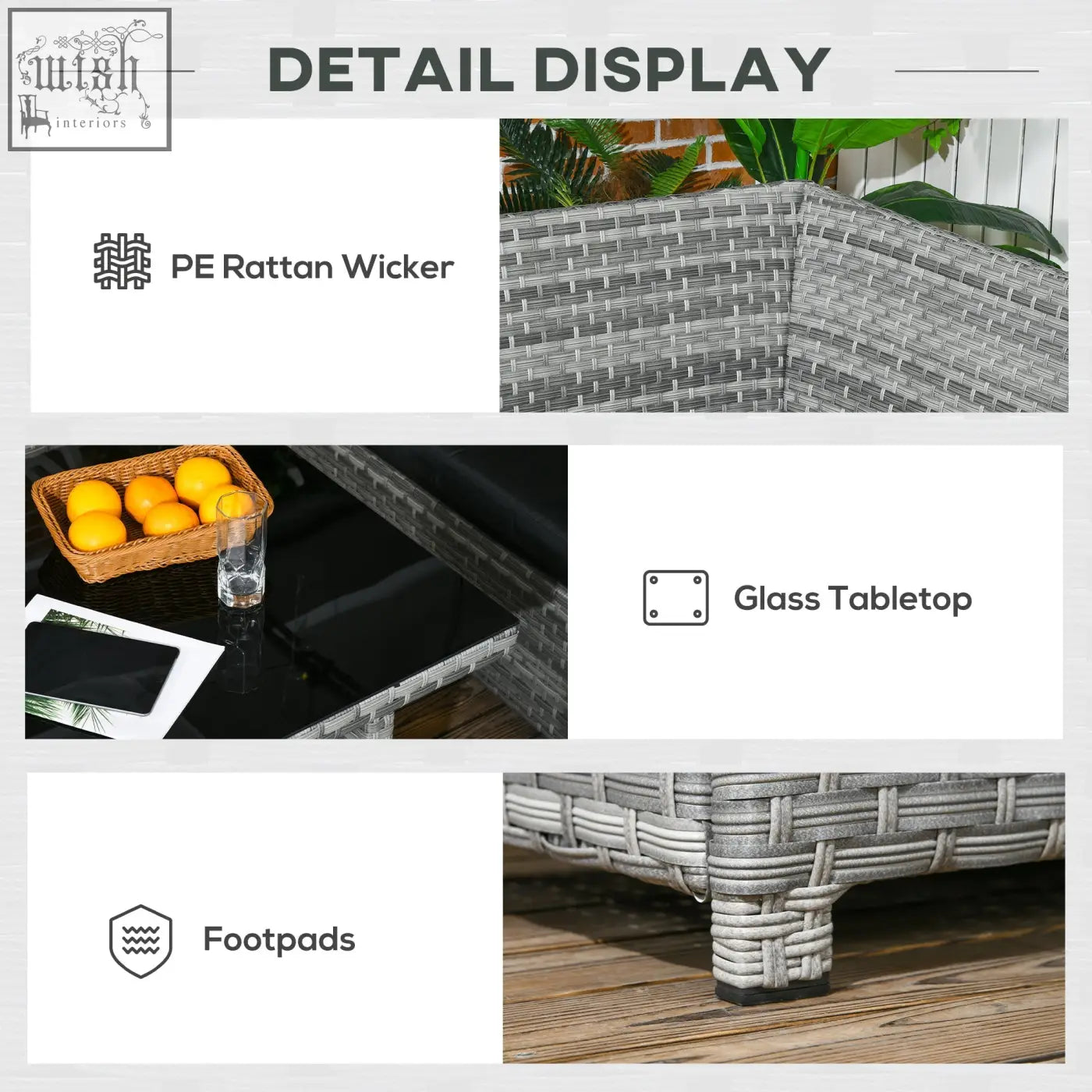 Gray pe rattan wicker outdoor side table with sleek glass tabletop in outsunny rattan patio set with powder coated steel frame