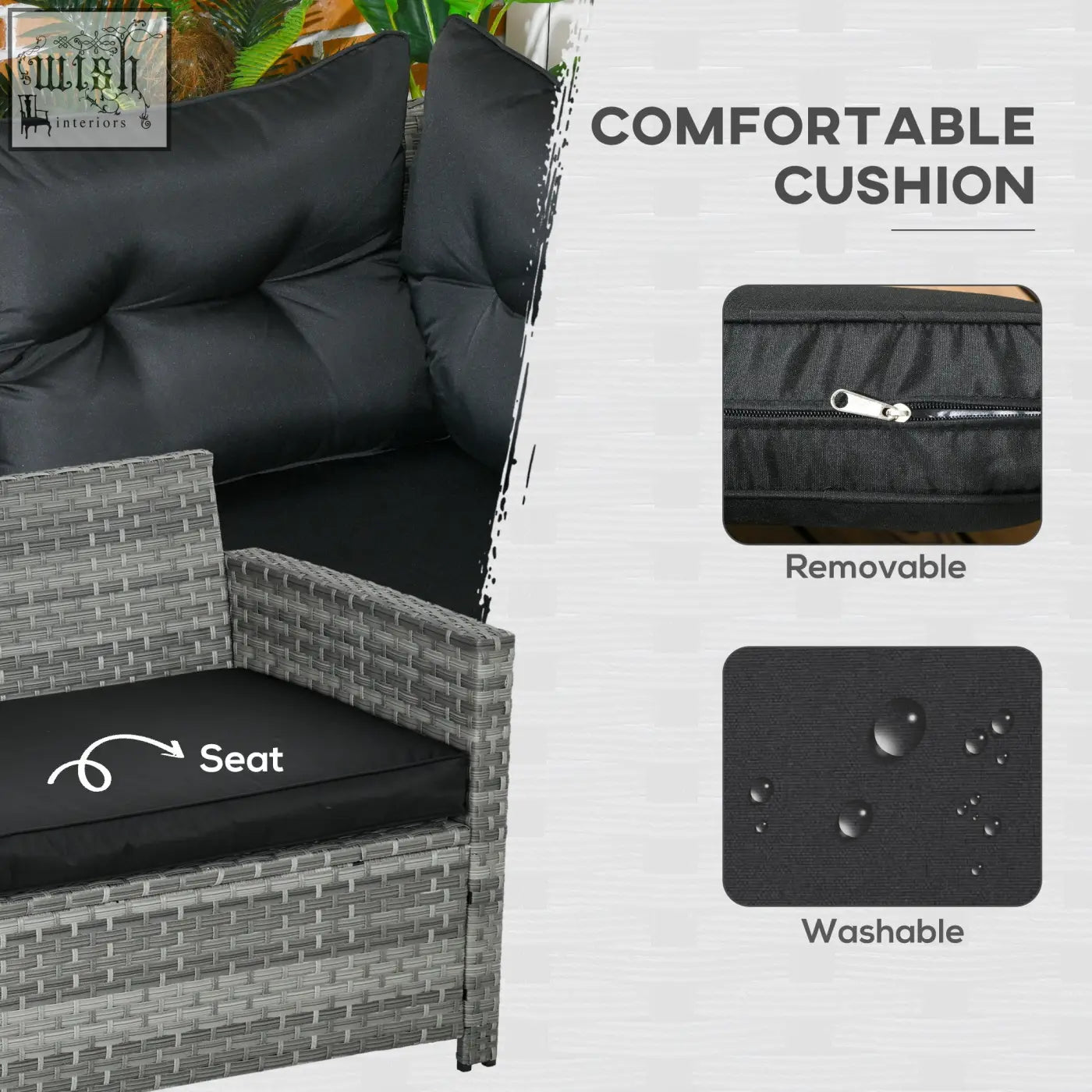 Black removable washable cushion with zipper for comfort on gray woven rattan two three-seater sofas with coffee table and powder coated steel frame