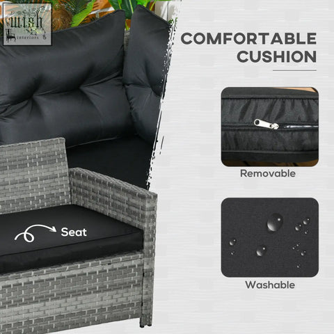 Black removable washable cushion with zipper for comfort on gray woven rattan two three-seater sofas with coffee table and powder coated steel frame