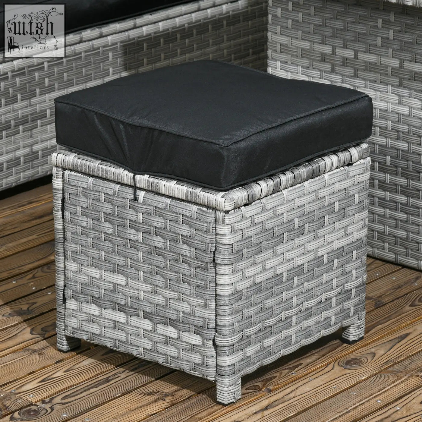 Gray woven rattan ottoman with black cushioned top from outsunny 5-piece patio set with coffee table and two three-seater sofas