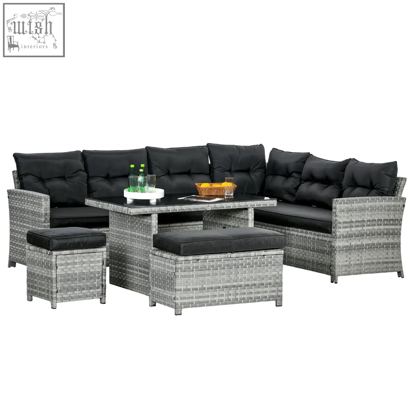 Outsunny 5-piece gray woven wicker rattan patio set with black cushions includes two three-seater sofas, ottomans, coffee table, and powder coated steel frame