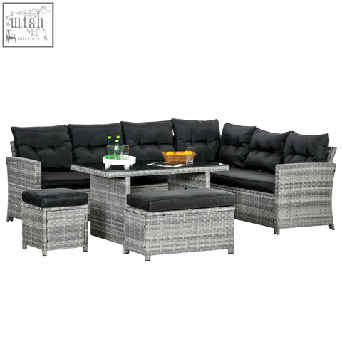 Outsunny 5-piece gray woven wicker rattan patio set with black cushions includes two three-seater sofas, ottomans, coffee table, and powder coated steel frame