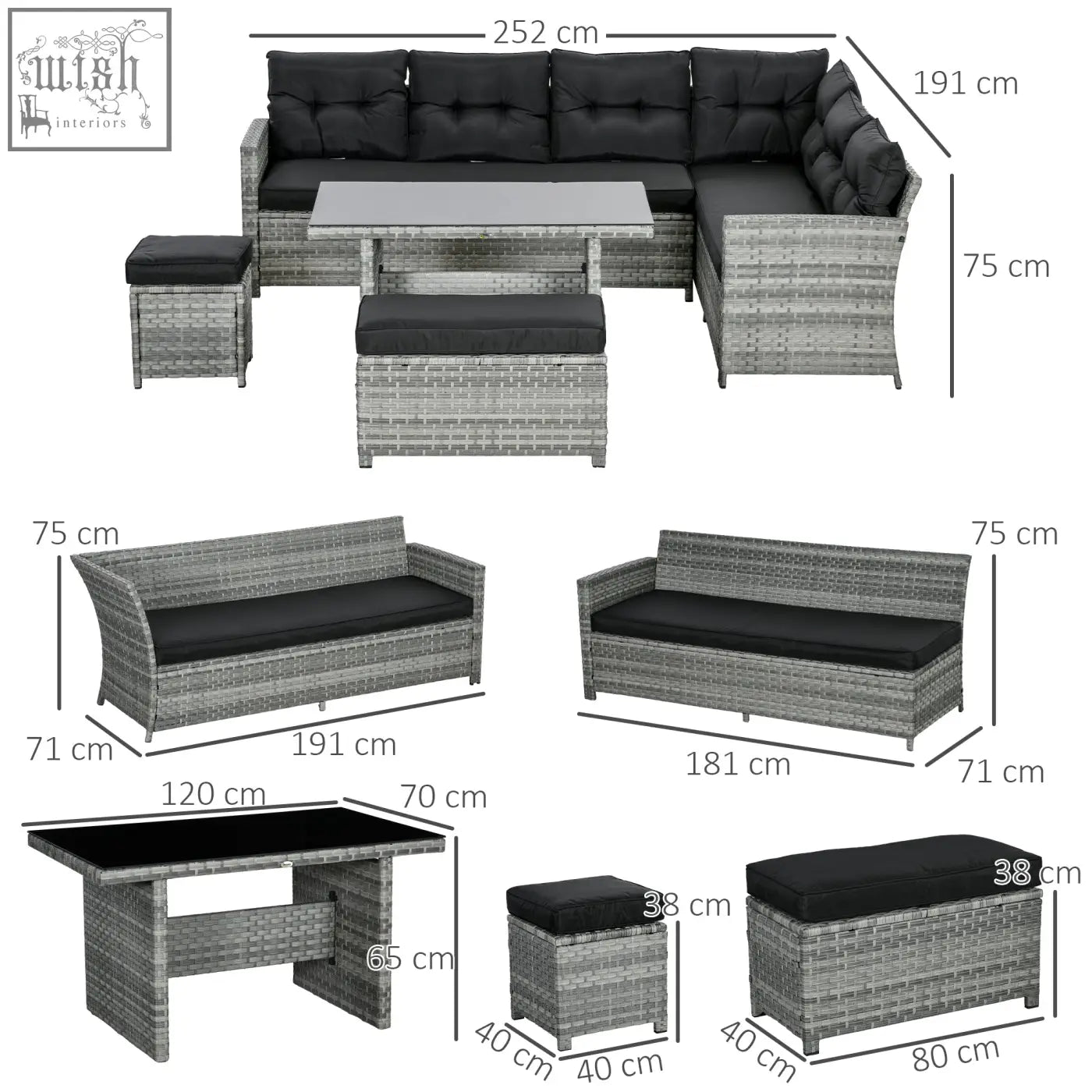 Outsunny 5-piece gray woven rattan patio set with two three-seater sofas, powder coated steel frame, coffee table, and cushions