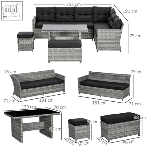 Outsunny 5-piece gray woven rattan patio set with two three-seater sofas, powder coated steel frame, coffee table, and cushions