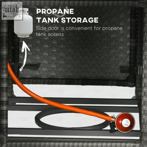 White propane tank with orange hose and red regulator stored inside black wicker cabinet for outsunny pit table with two armchairs 79d x 71hcm