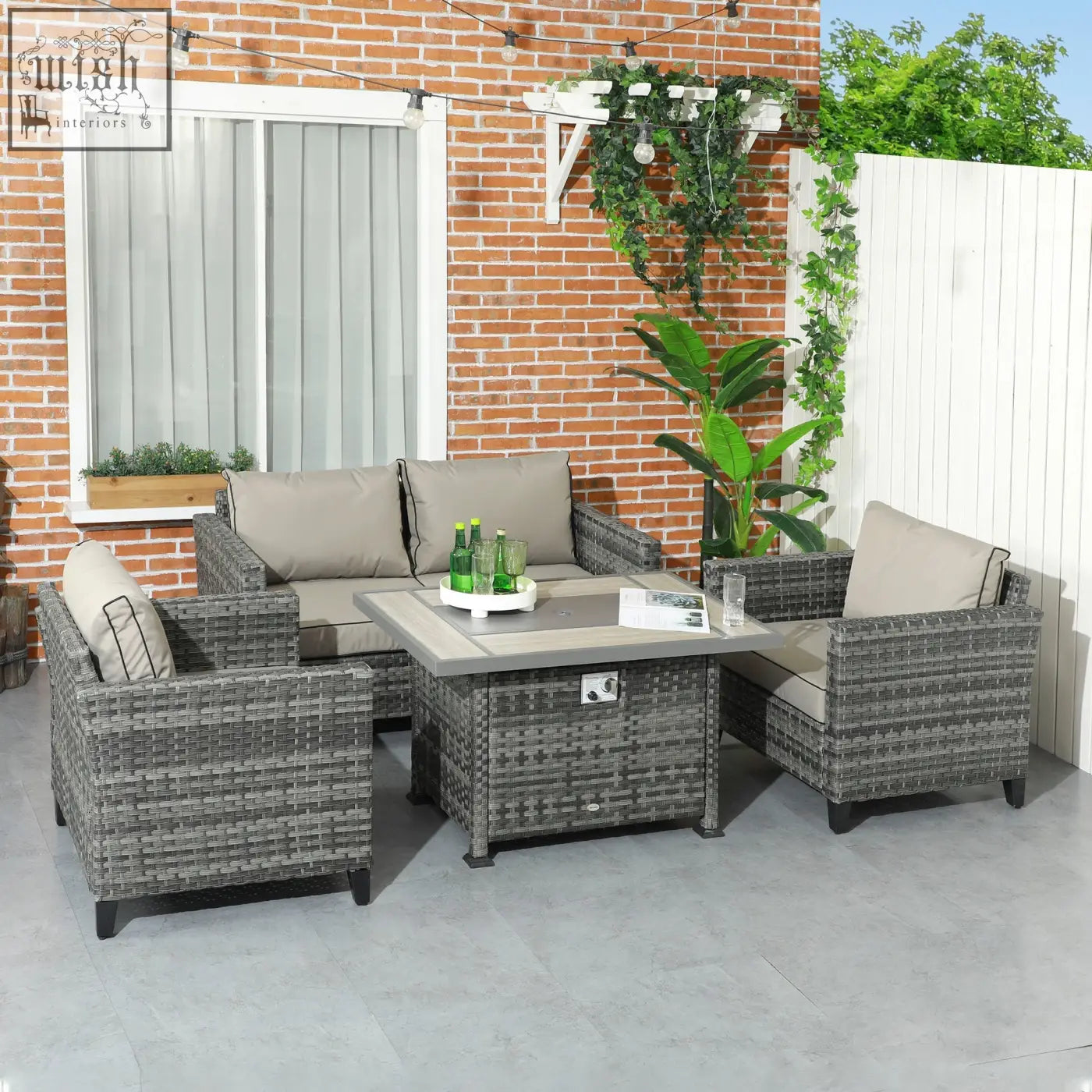 Outsunny gray woven wicker 5-piece rattan patio furniture set with gas pit table, two armchairs, and beige cushions 79d x 71hcm