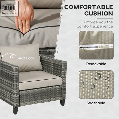 Gray woven wicker outdoor armchair with removable beige cushion part of outsunny 5-piece rattan set with two armchairs 79d x 71hcm