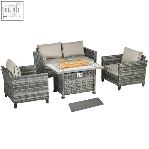 Gray wicker pit table with glass top and flame feature plus two armchairs 79d x 71hcm from outsunny patio set