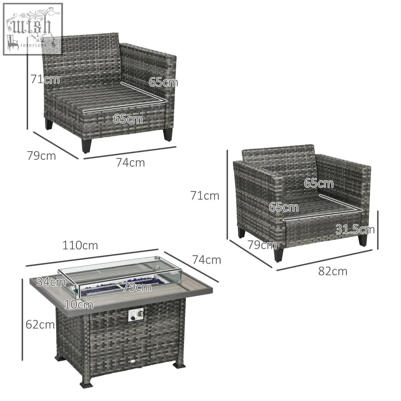 Gray woven wicker outdoor pit table with glass top metal frame two armchairs 79d x 71hcm in outsunny set
