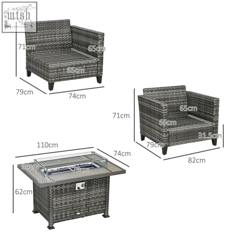 Gray woven wicker outdoor pit table with glass top metal frame two armchairs 79d x 71hcm in outsunny set