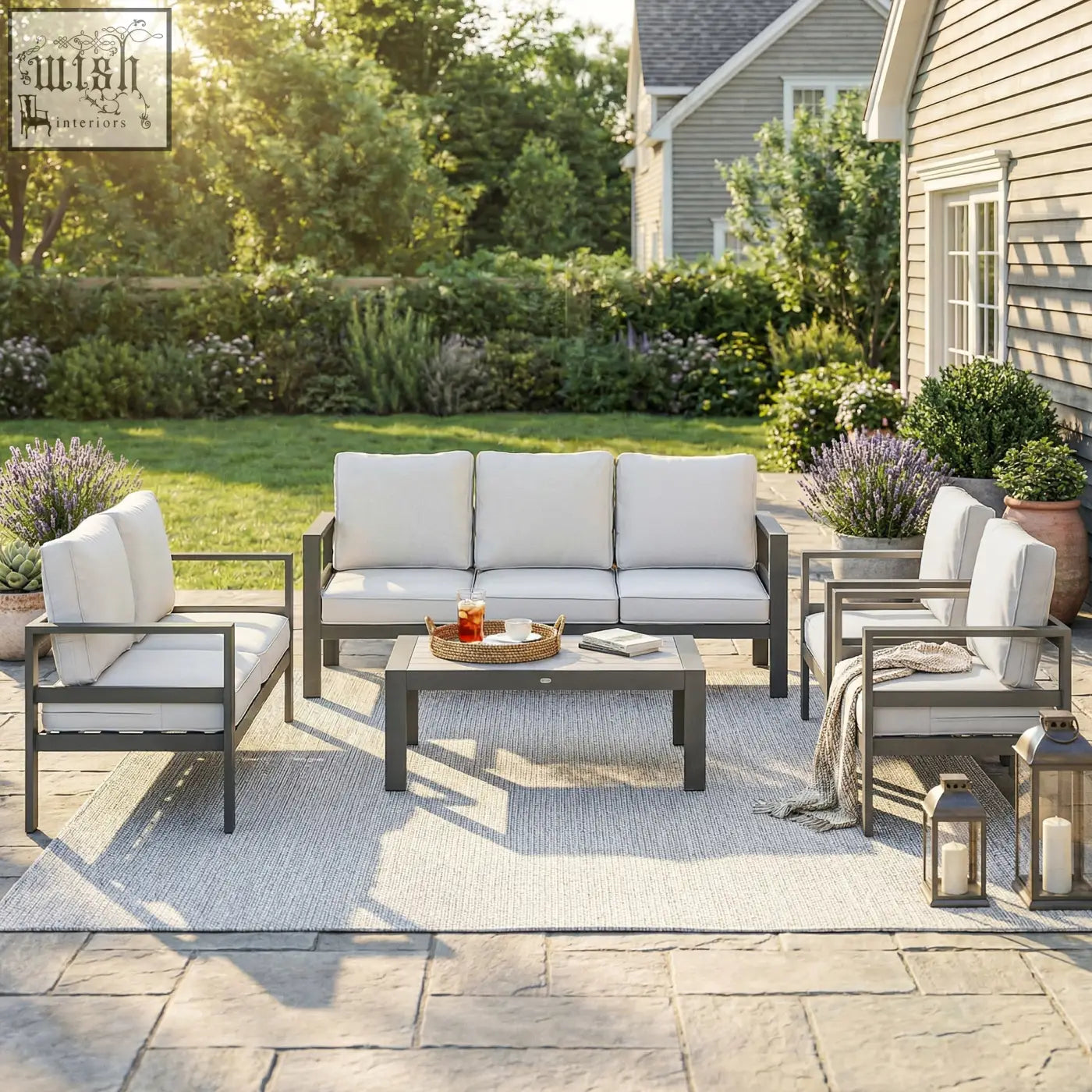 Gray metal outdoor sofa set with olefin fabric white cushions extra deep seats in outsunny 5 pieces garden set