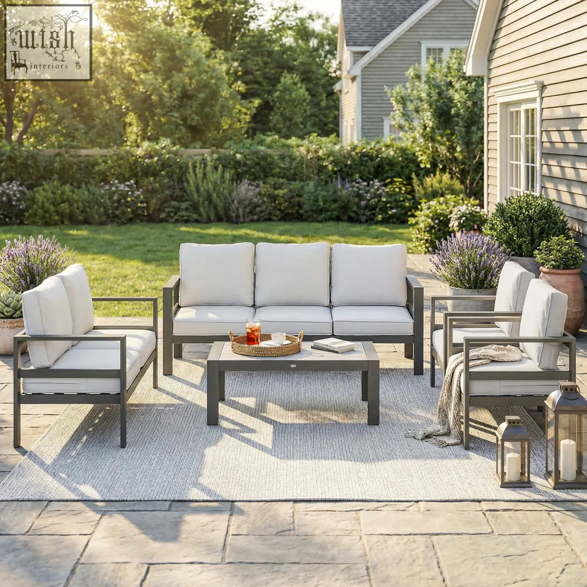 Gray metal outdoor sofa set with olefin fabric white cushions extra deep seats in outsunny 5 pieces garden set