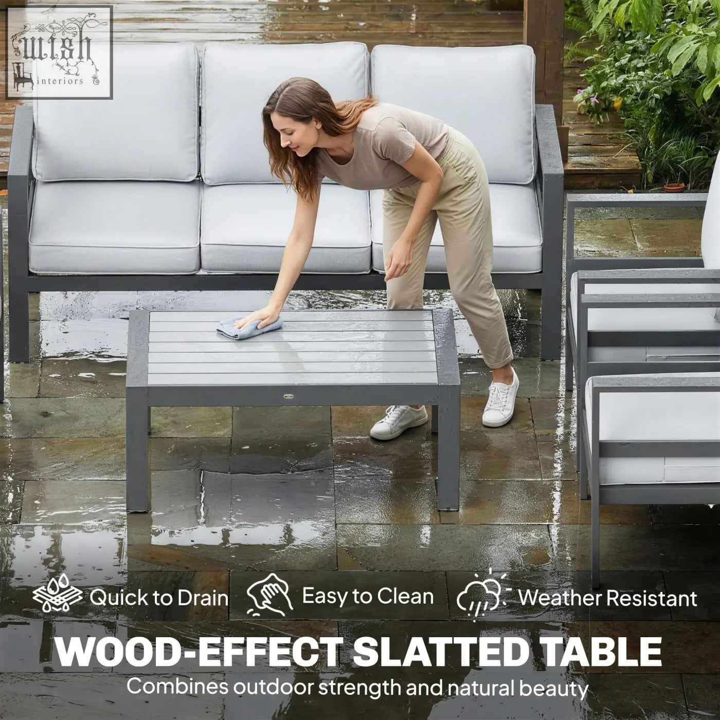 Gray wood effect slatted outdoor table with sturdy metal frame part of outsunny 5 pieces garden set with olefin fabric cushions and extra deep seats