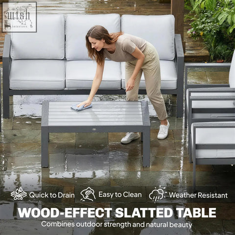 Gray wood effect slatted outdoor table with sturdy metal frame part of outsunny 5 pieces garden set with olefin fabric cushions and extra deep seats