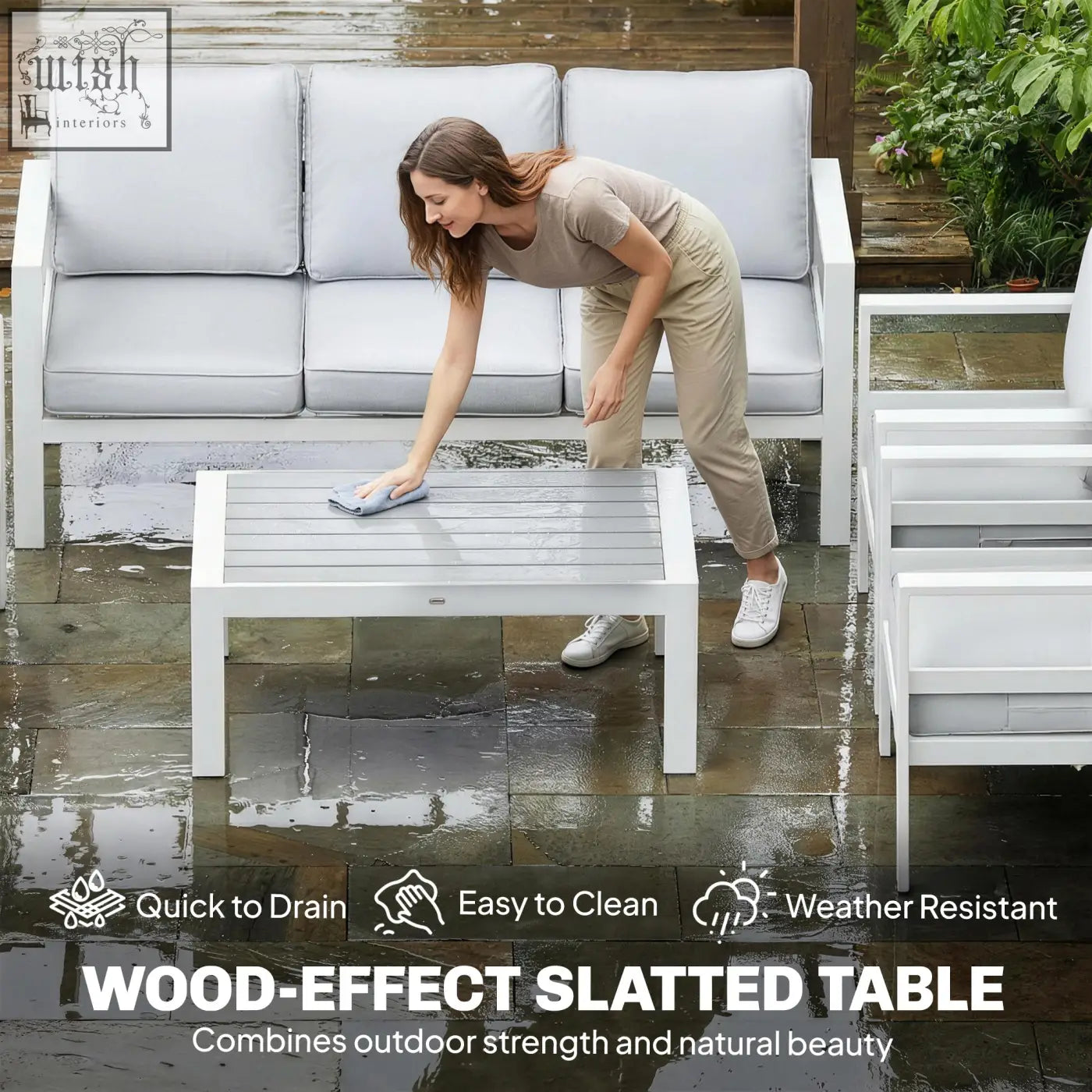 Outsunny 5 pieces white aluminium garden furniture set with wood-effect table and extra deep seats olefin fabric cushions