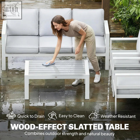 Outsunny 5 pieces white aluminium garden furniture set with wood-effect table and extra deep seats olefin fabric cushions