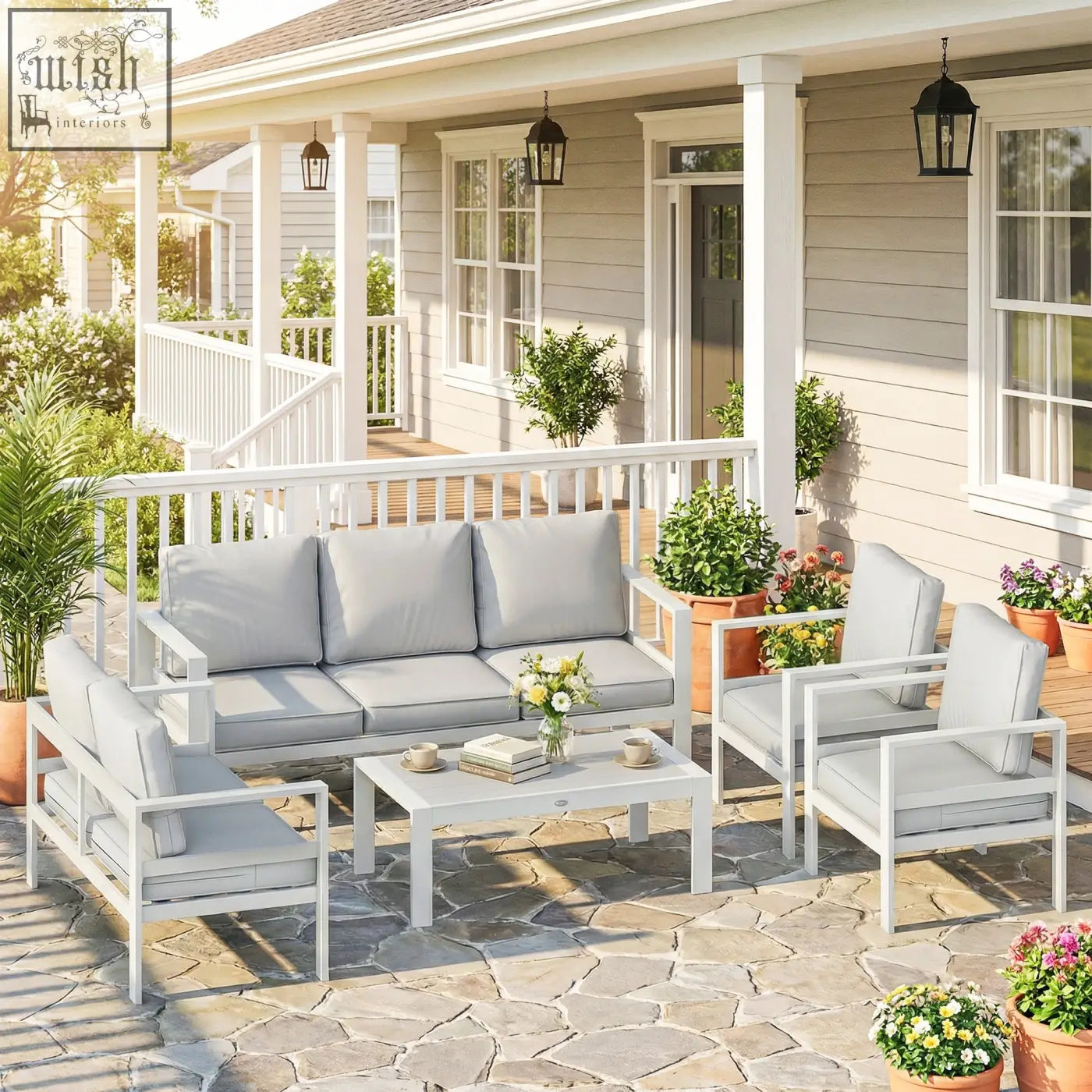 White outsunny 5 piece aluminium garden furniture set with olefin fabric cushions and extra deep seats for outdoor use