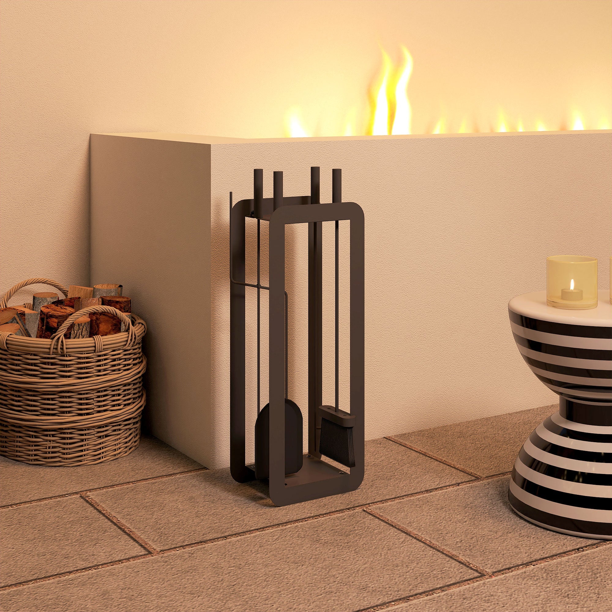 Black metal fireside companion set with five-piece set includes brush shovel poker tongs and stand by outsunny