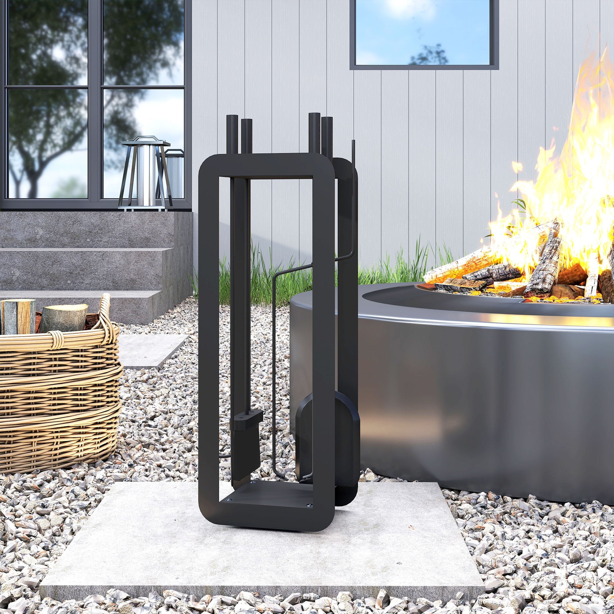 Black metal fire pit companion set with sleek modern design five-piece set includes brush shovel poker tongs stand