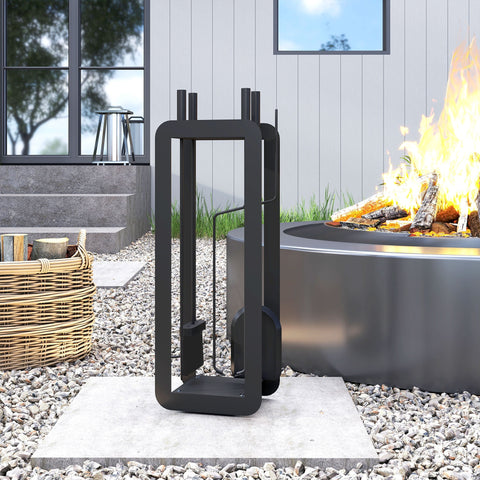 Black metal fire pit companion set with sleek modern design five-piece set includes brush shovel poker tongs stand