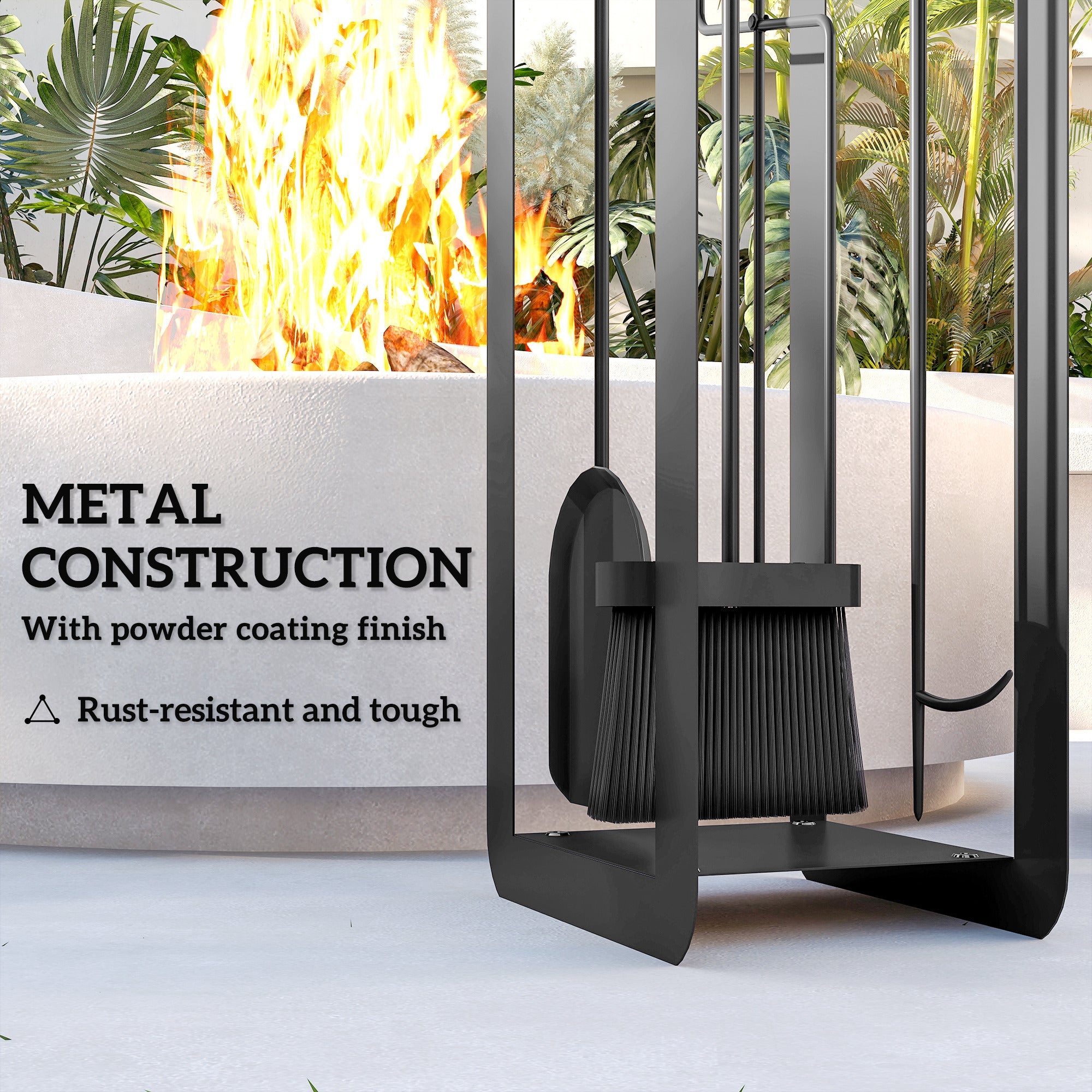 Black metal Outsunny fireside companion set with powder-coated finish five-piece set includes brush shovel poker tongs and stand