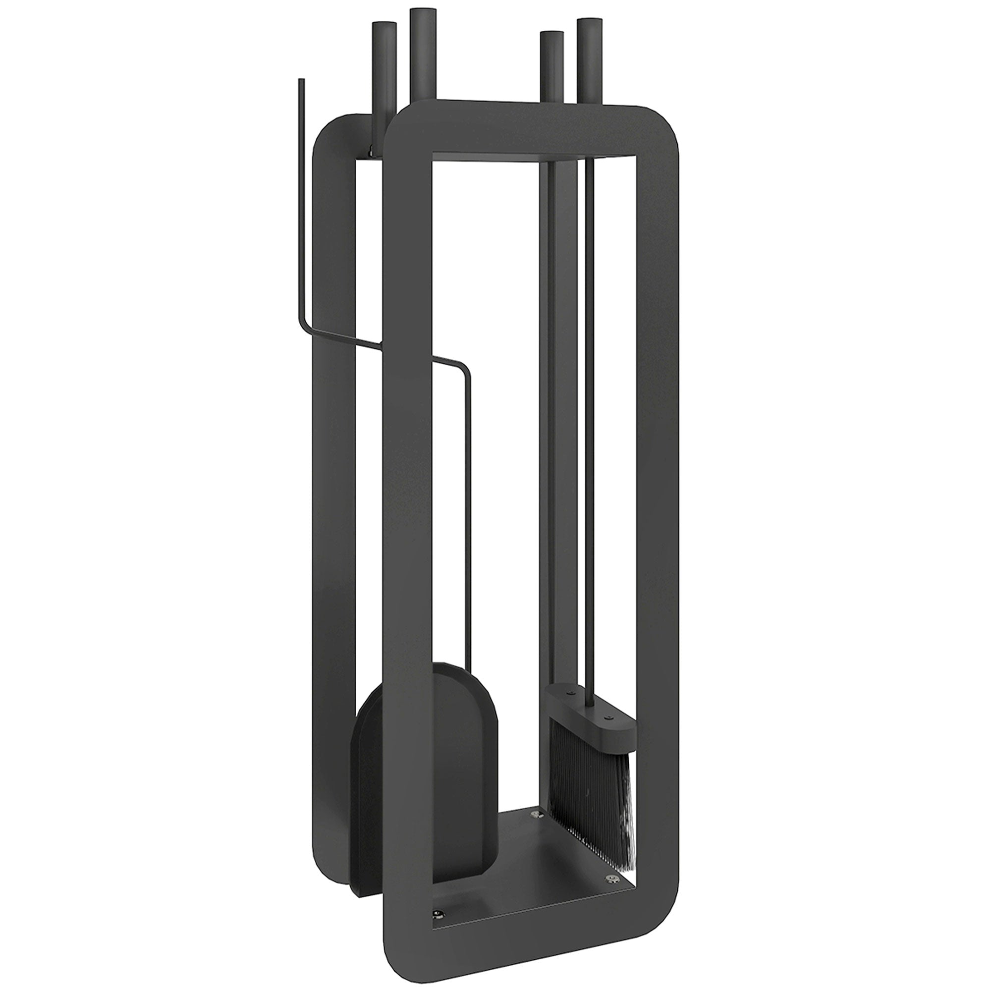 Black metal fireside companion set with sturdy frame holds poker brush shovel tongs in five-piece set includes stand