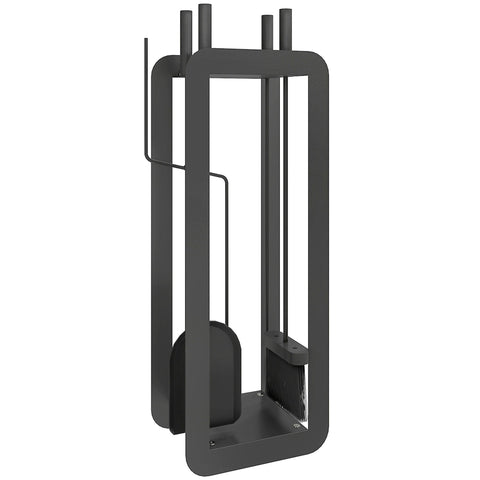 Black metal fireside companion set with sturdy frame holds poker brush shovel tongs in five-piece set includes stand
