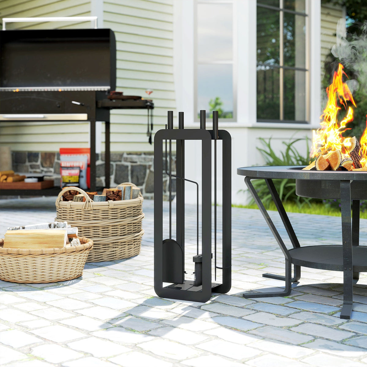 Black metal fireside companion set with sturdy frame and integrated handles five-piece set includes brush shovel poker tongs stand