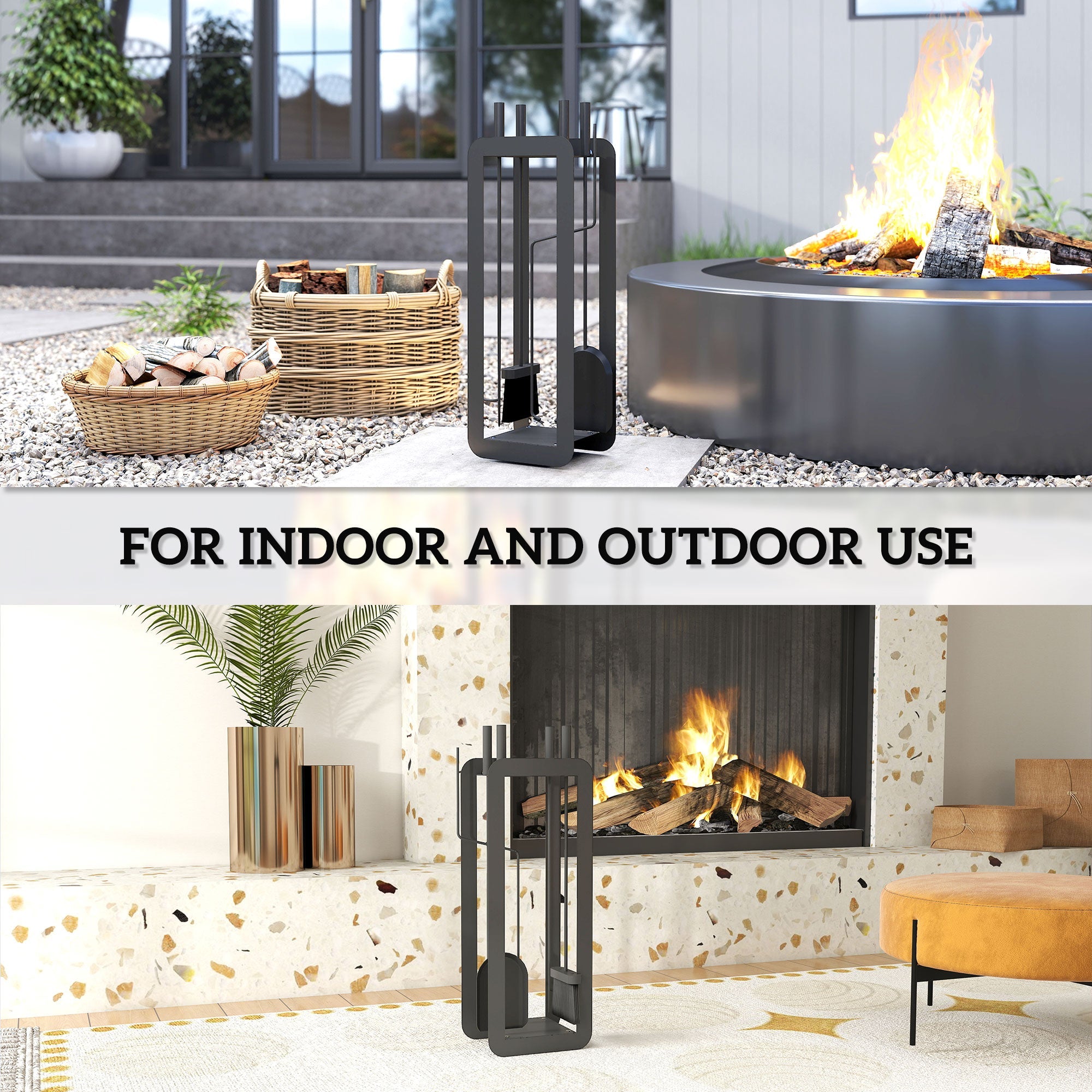 Black metal fireplace companion set with sleek modern design five-piece set includes brush shovel poker tongs and stand