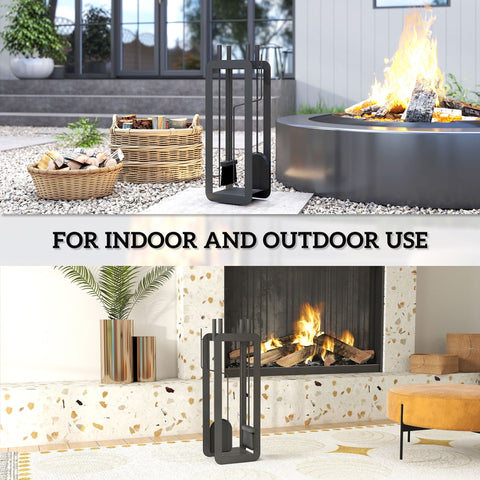 Black metal fireplace companion set with sleek modern design five-piece set includes brush shovel poker tongs and stand