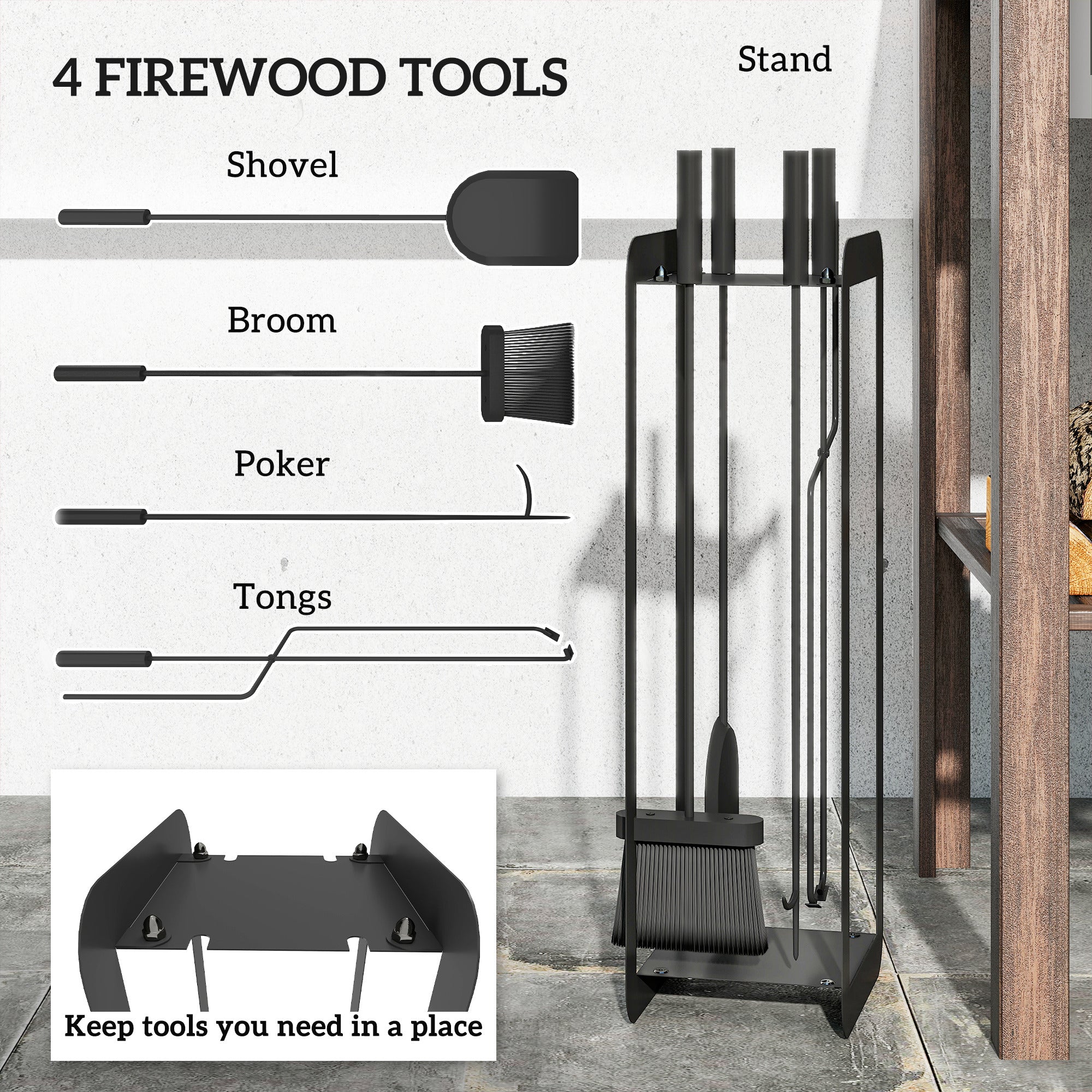 Black metal fireside companion set with brush shovel poker tongs and stand five-piece set includes sturdy fireplace tools