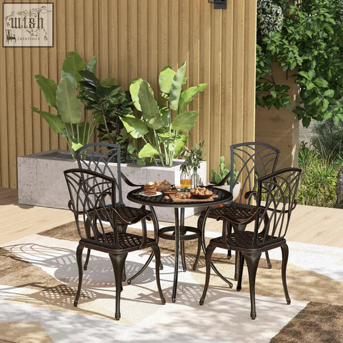 Black cast aluminium garden furniture set with 4 armchairs and round glass top table with parasol hole in bronze tone