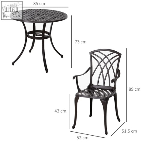 Black cast aluminium garden furniture set with 4 armchairs and round patio table featuring lattice design
