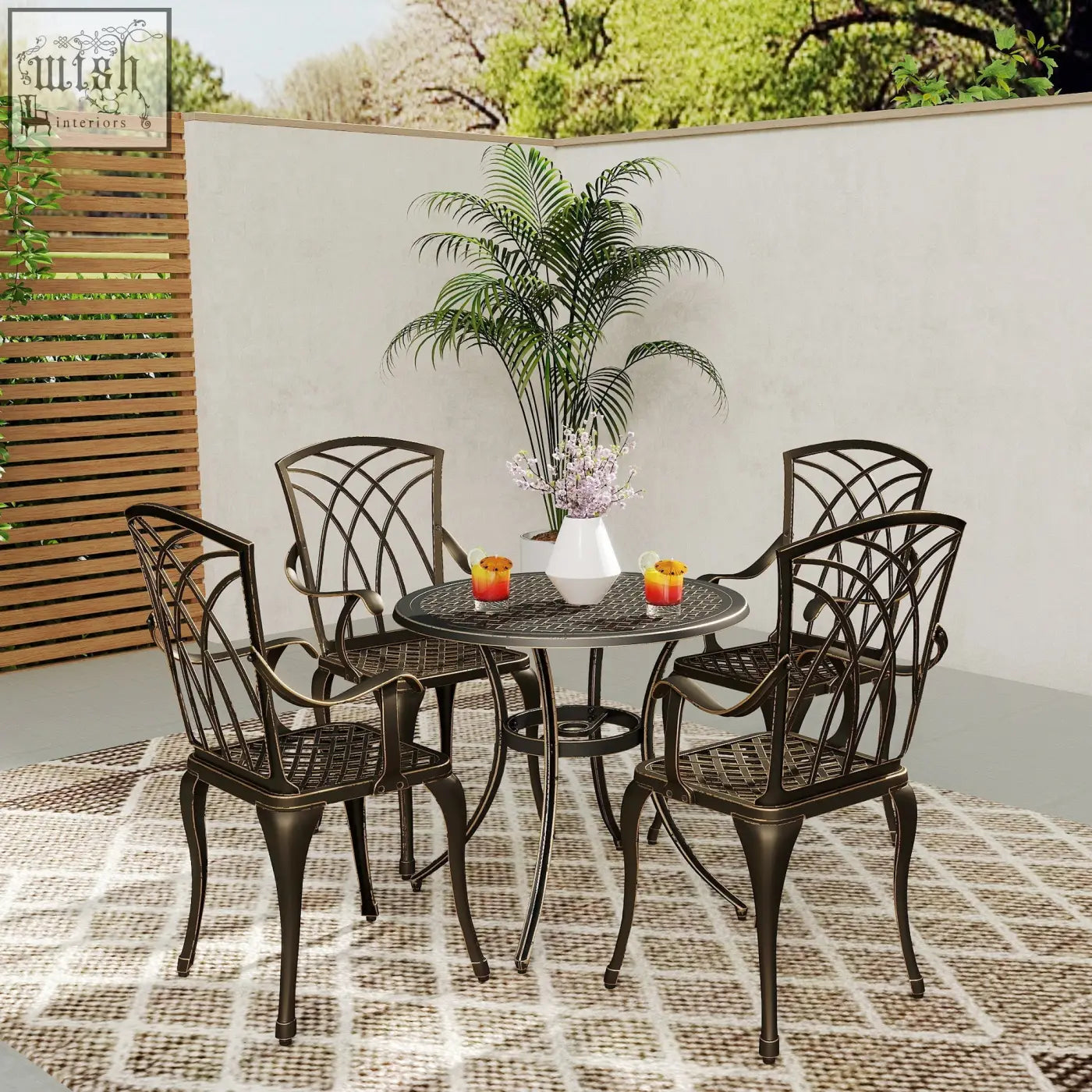 Bronze cast aluminium garden furniture set with intricate lattice backrests and woven seat patterns for outdoor dining