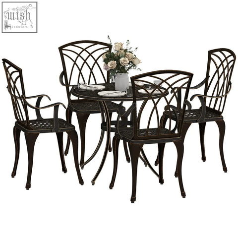 Black wrought iron cast aluminium garden furniture set with curved legs and lattice backrests for outdoor dining